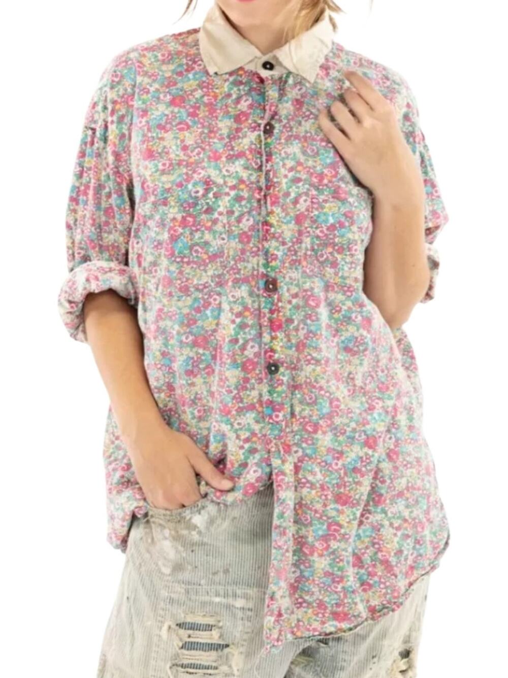 Magnolia Pearl Rare Red Clover Floral Cotton Boyfriend Shirt